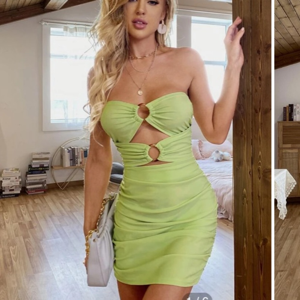 SHEIN Curve Lime Green O-Ring Linked Ruched Tube Strapless Cut Out Mini Dress